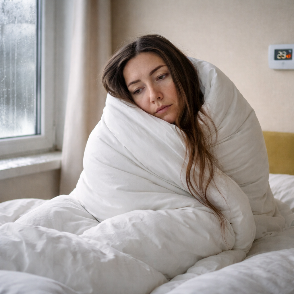 Woman feeling cold in poorly insulated room with solid brick walls and low indoor temperature