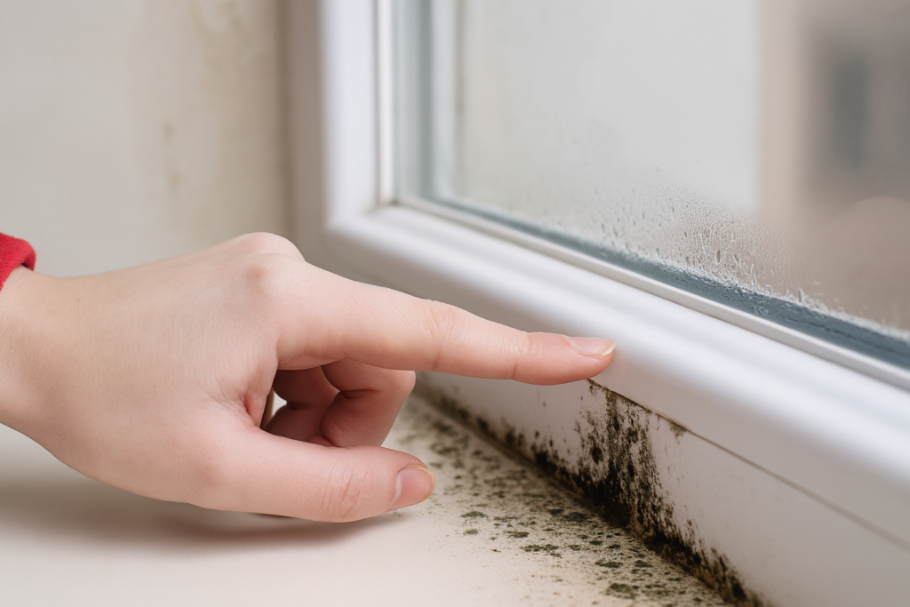 Black mould on internal wall in house caused by condensation and damp