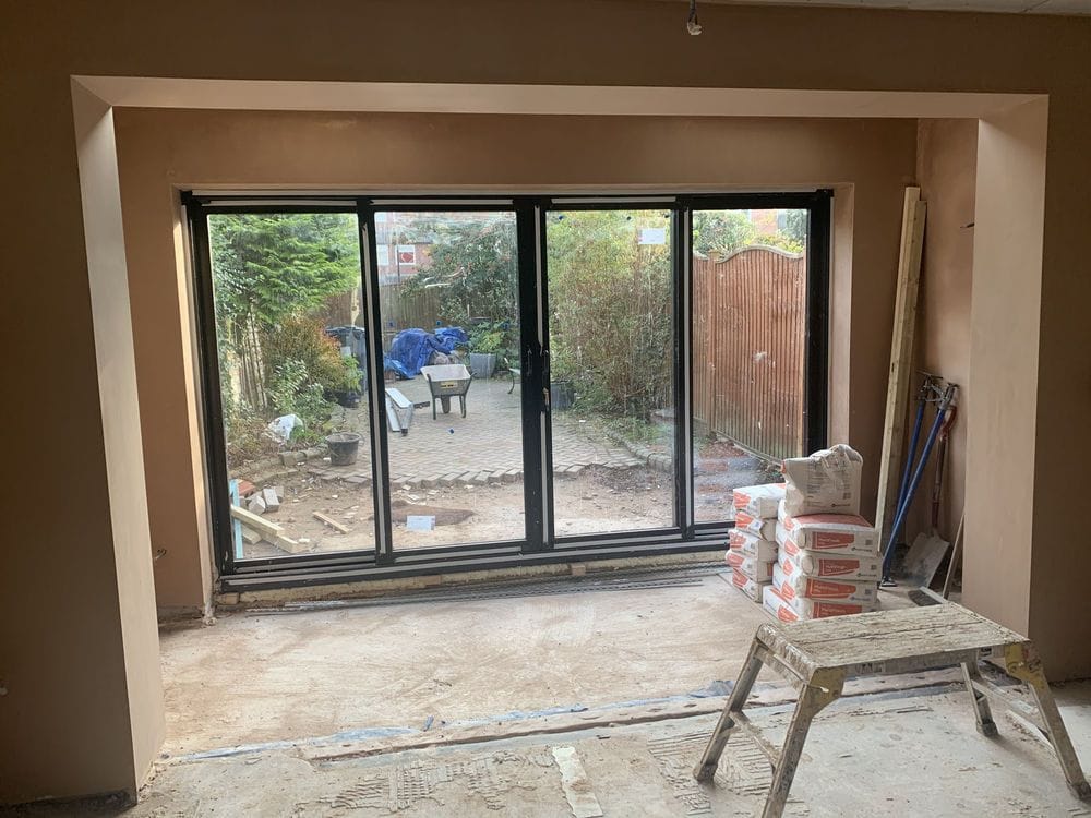Skimmed walls and ceiling in a Walsall kitchen extension – smooth finish for a clean, modern look Kitchen extension plastering Walsall – walls and ceiling skimmed