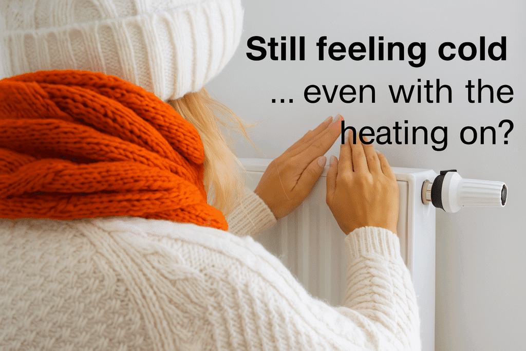 Woman sitting beside a radiator in a cold room due to poor insulation, highlighting the need for internal wall insulation.