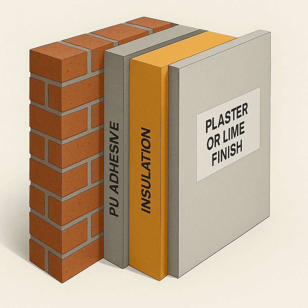 Cross-section diagram of a wall showing brick, thin pink PU adhesive layer, PIR insulation, and plaster or lime finish.