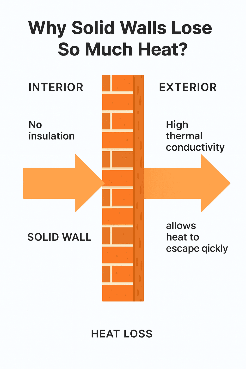 Diagram showing how solid brick walls lose heat quickly due to no insulation and high thermal conductivity.