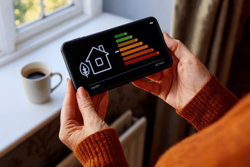 Person holding a smartphone showing a home energy efficiency rating chart, symbolising improved EPC results from internal wall insulation.