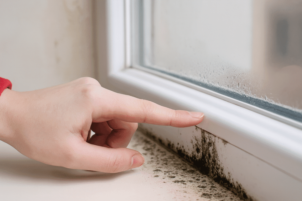 Finger pointing at black mould and condensation on a cold window frame.