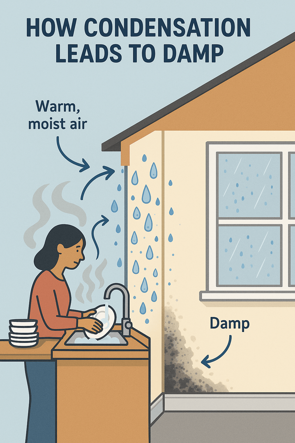 illustration showing how warm, moist air creates condensation on cold walls, leading to damp and mould growth.
