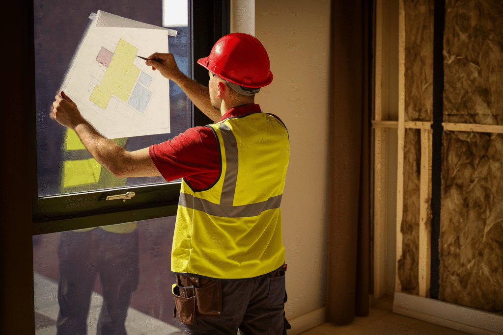 Surveyor analysing architectural plans against an external-facing window while evaluating moisture behaviour, thermal bridging risks and internal wall insulation suitability for a solid wall structure.