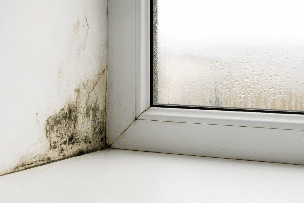 Severe damp and condensation around a window in a solid wall house with no insulation, showing black mould and moisture damage.