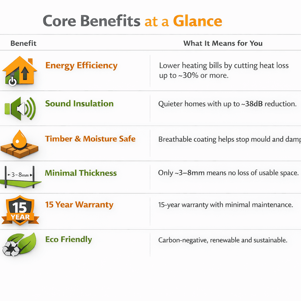 Core Benefits at a Glance infographic showing key advantages of spray cork including energy savings, sound insulation, moisture safety, minimal thickness, 15-year warranty and eco-friendly benefits.