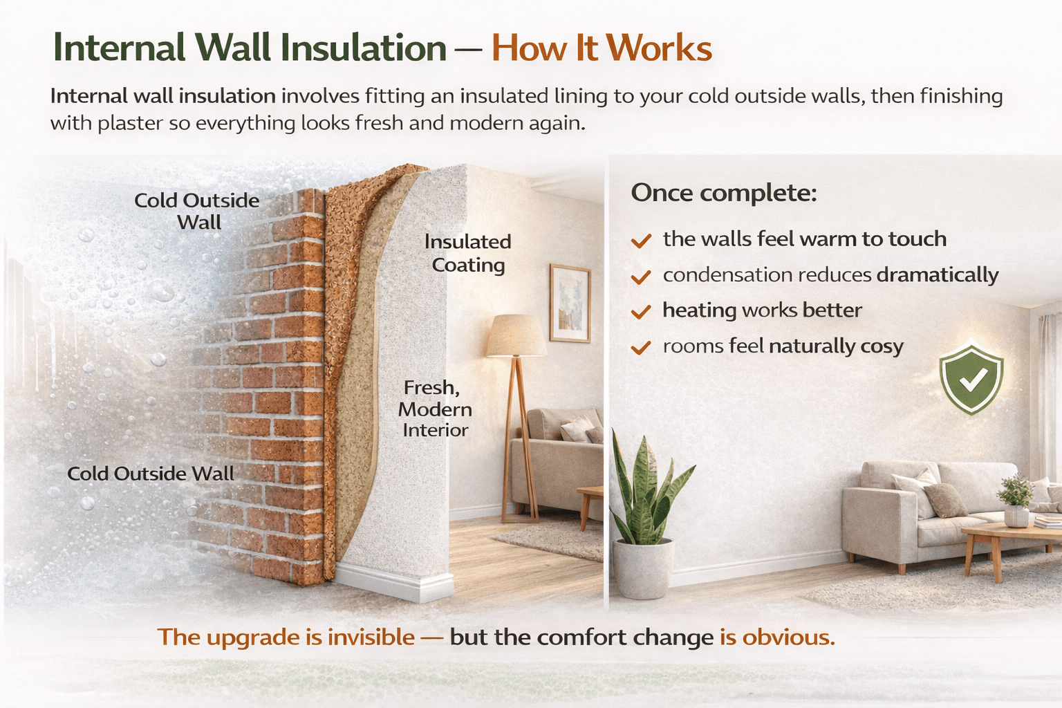 Diagram showing how internal wall insulation is added to cold external walls, creating a warmer interior surface and reducing condensation.