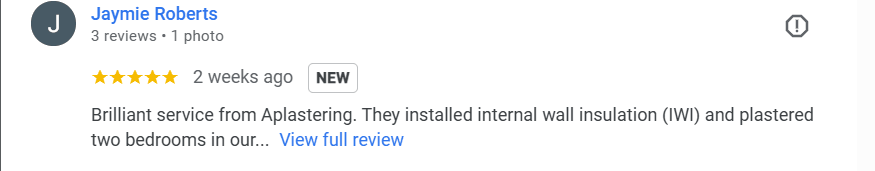 Customer review praising internal wall insulation work carried out in a Sutton Coldfield home.