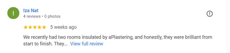 Customer review praising internal wall insulation work carried out in a Sutton Coldfield home.