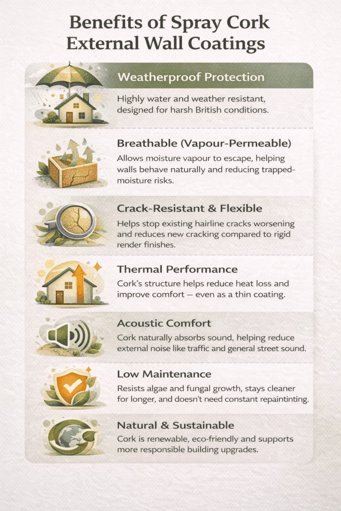 Infographic showing the benefits of spray cork external wall coatings