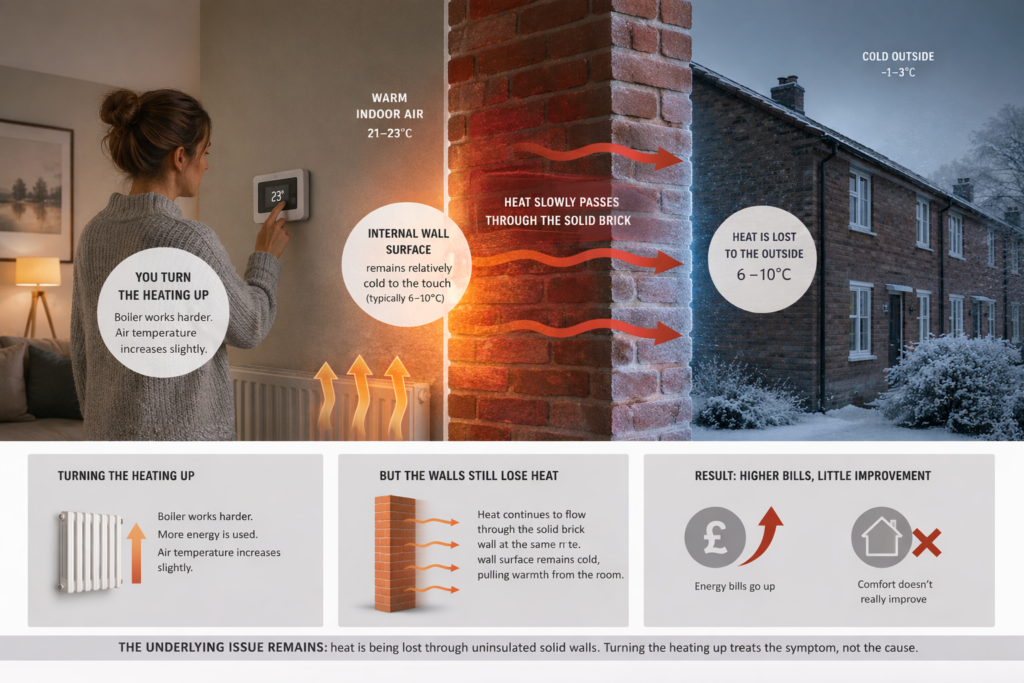 Heating turned up but heat still escaping through cold walls in an uninsulated home
