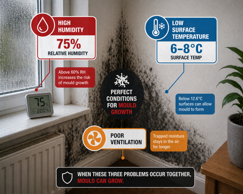 Conditions causing mould growth including high humidity low surface temperature and poor ventilation