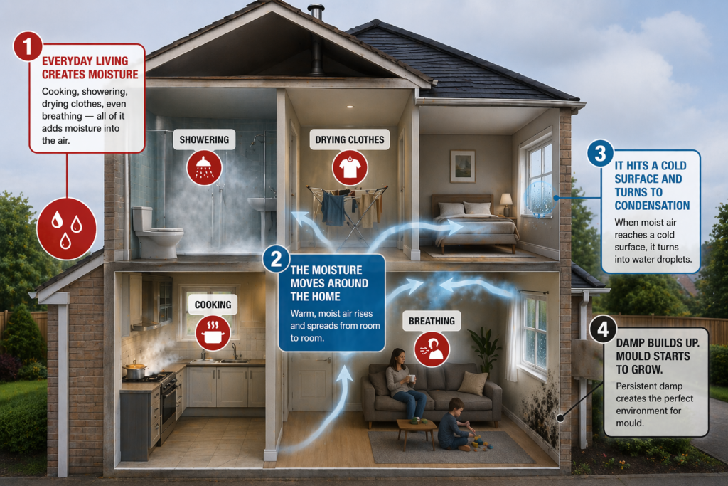 Moisture from everyday activities causing condensation on cold walls leading to mould growth