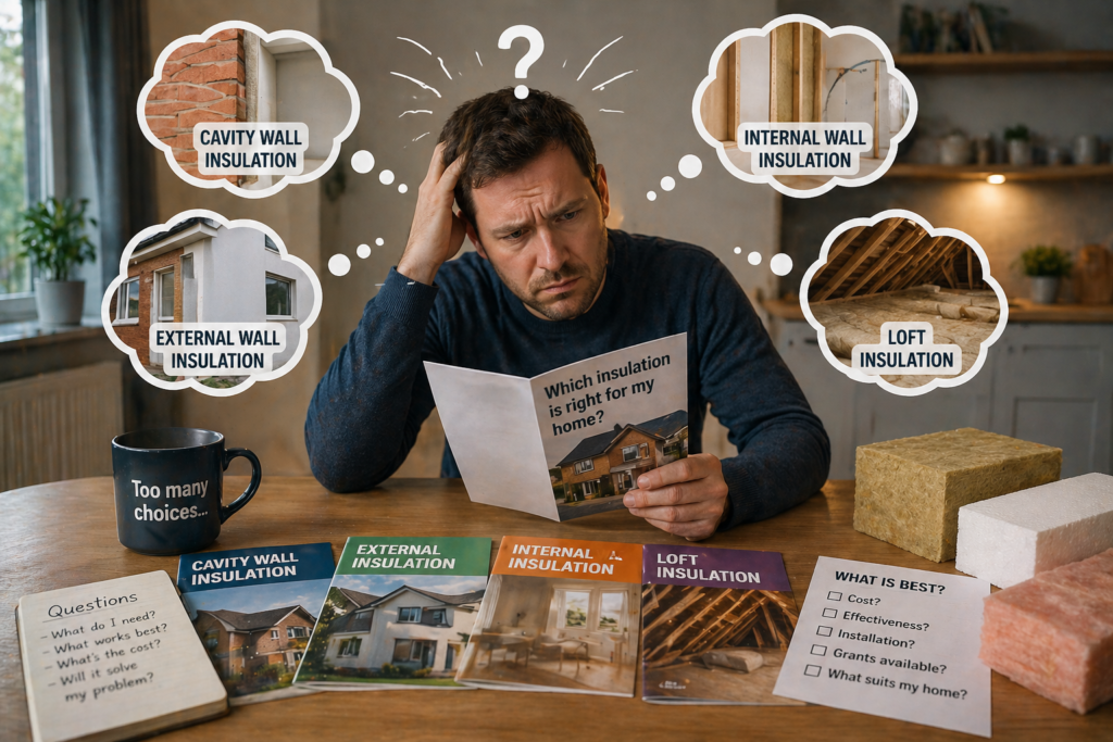 Confused homeowner choosing between internal wall insulation external wall insulation cavity and loft insulation