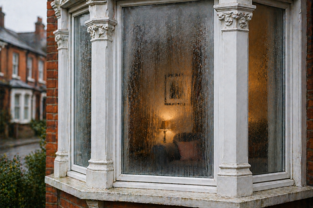 Condensation forming on cold solid brick wall causing damp and mould