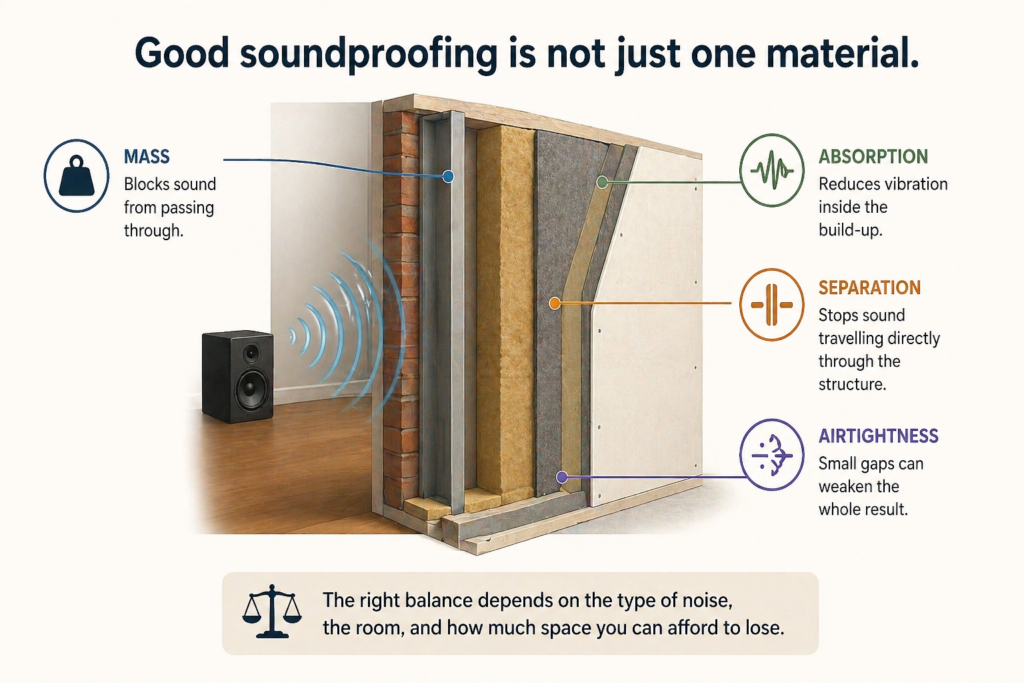 Soundproofing system layers showing mass absorption separation and airtightness