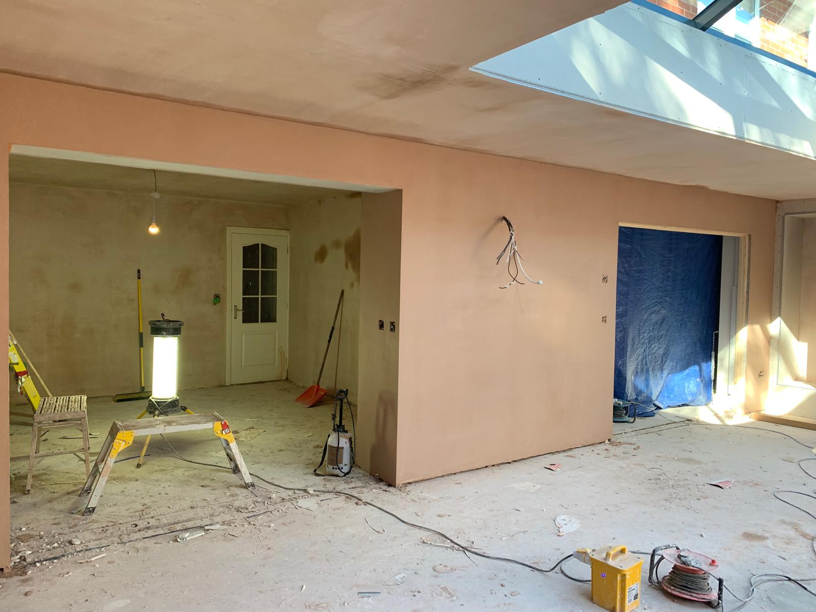 Extension walls fully skimmed in Sutton Coldfield with smooth professional plaster finish