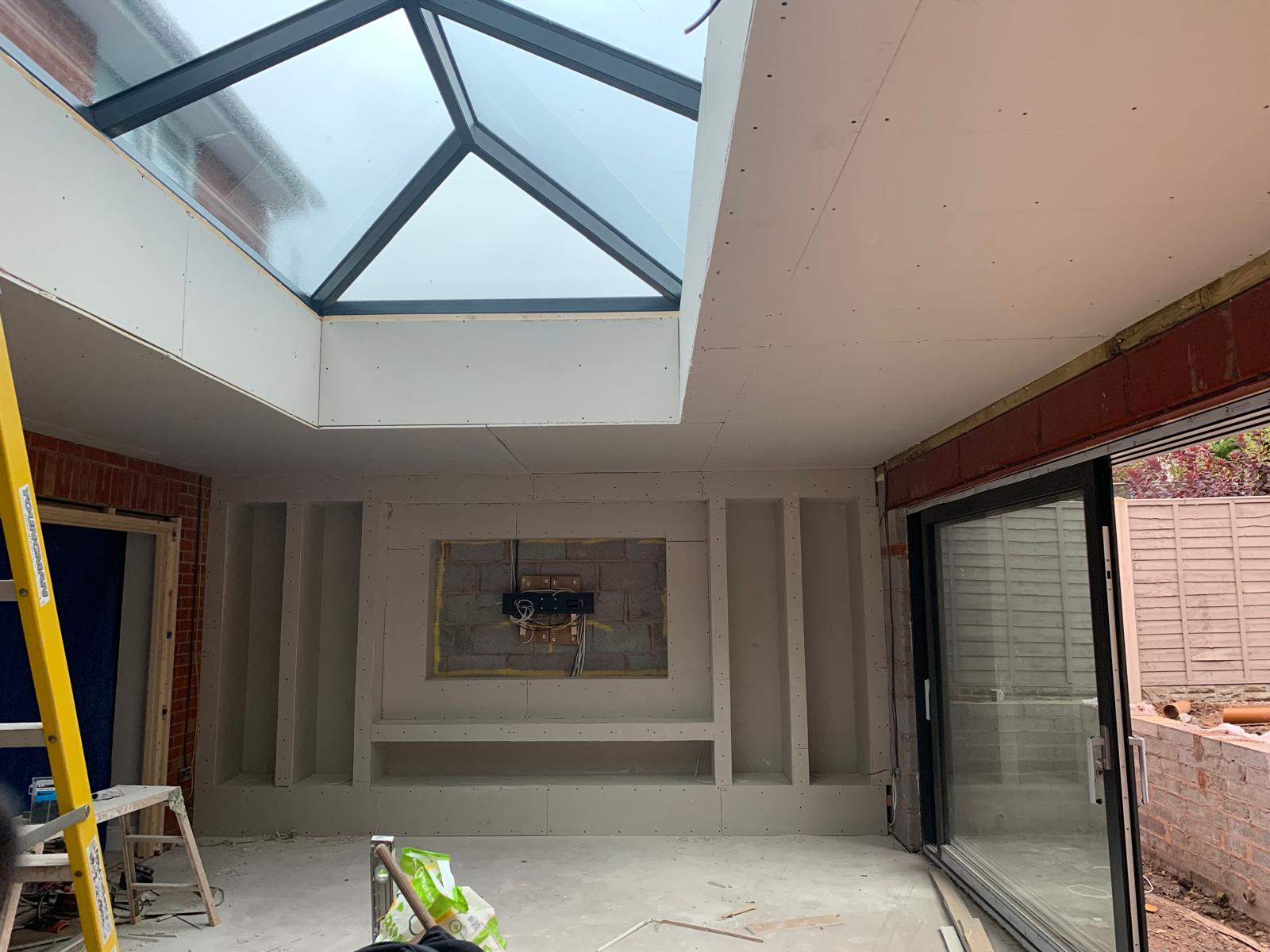 New extension plasterboarded in Sutton Coldfield ready for professional skimming finish